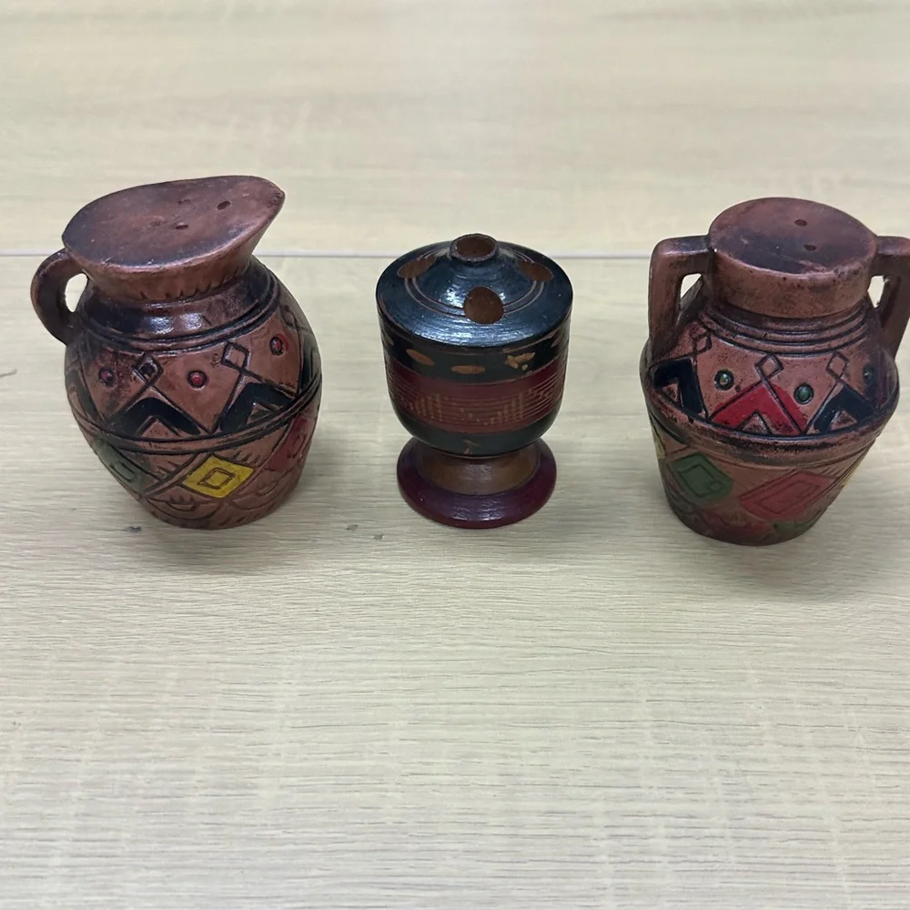 Native American Vintage Redware Salt and Pepper Shakers and Toothpick Holder EUC